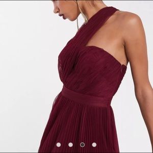 ASOS DESIGN one shoulder tulle wired burgundy maxi dress